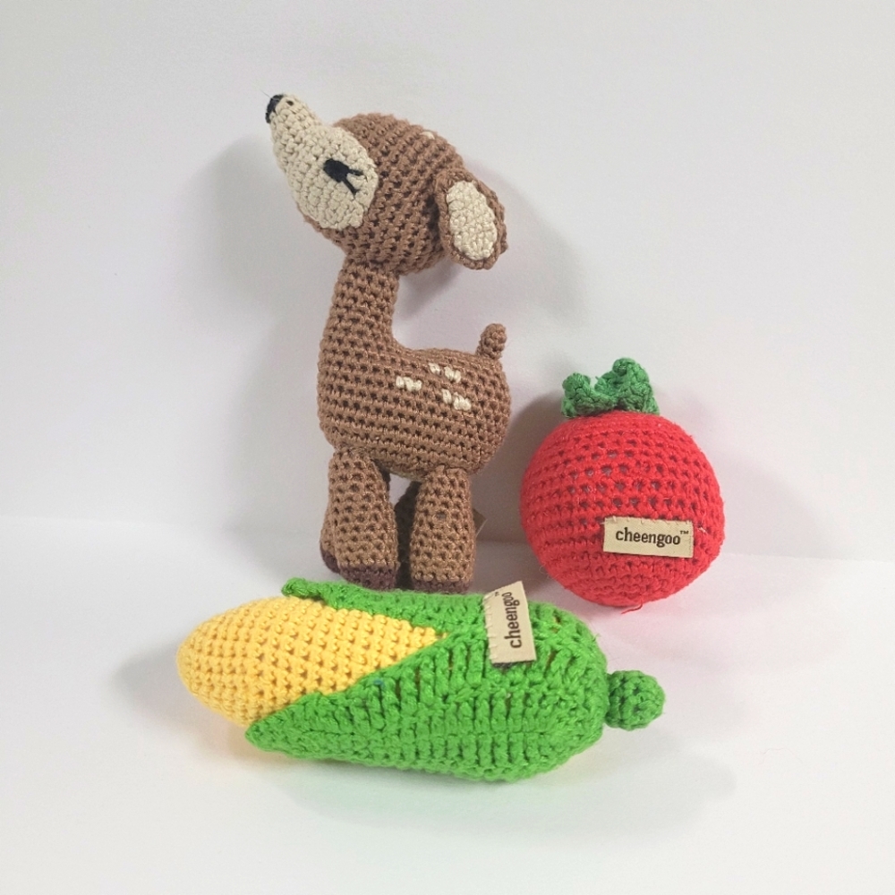 Lot of 3 Cheengoo Crochet Rattle - fawn deer, tomato, corn - Pre-owned